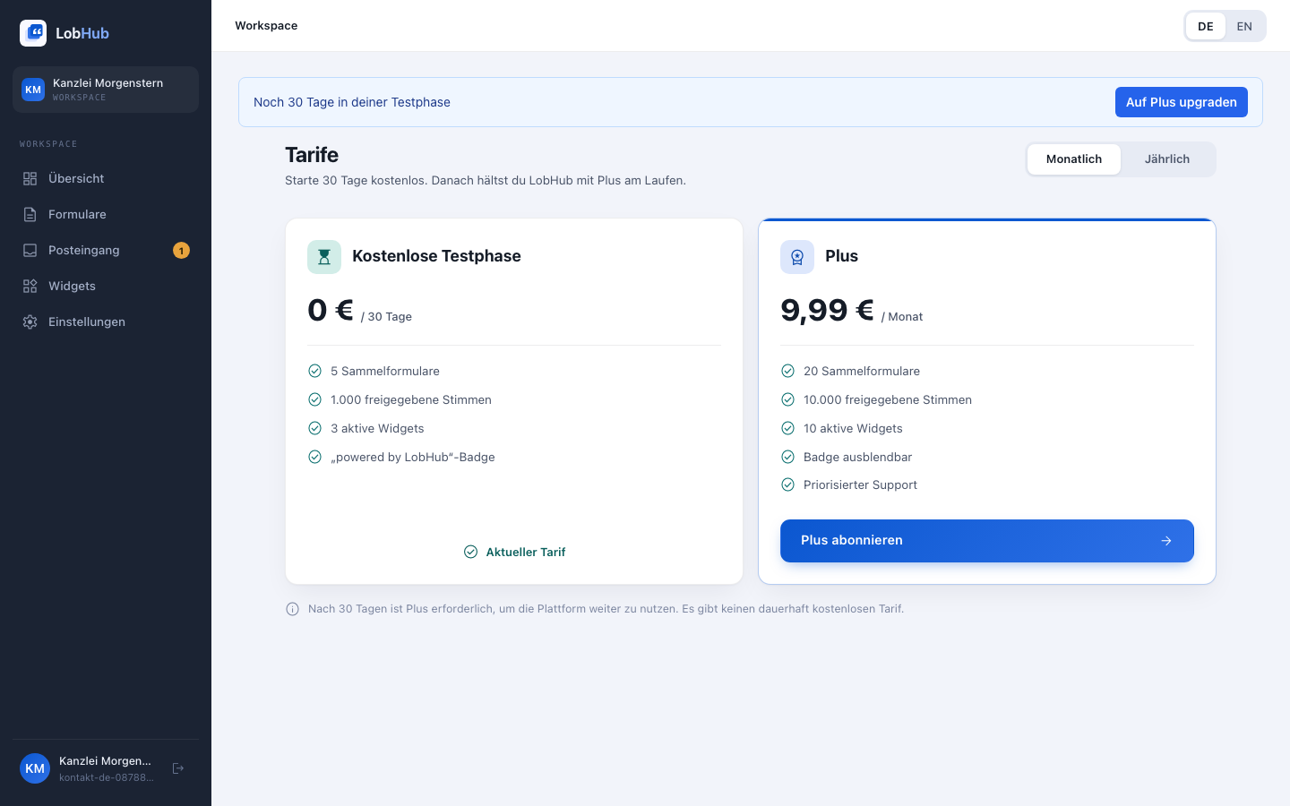 Tarifseite in der App mit Testphase und Plus-Tarif