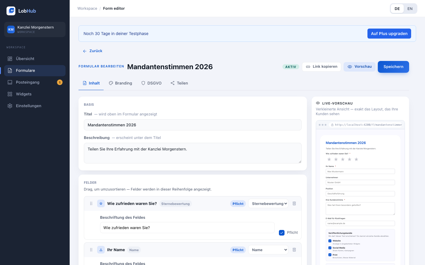 Formular-Editor mit den Tabs Inhalt, Branding, DSGVO und Teilen