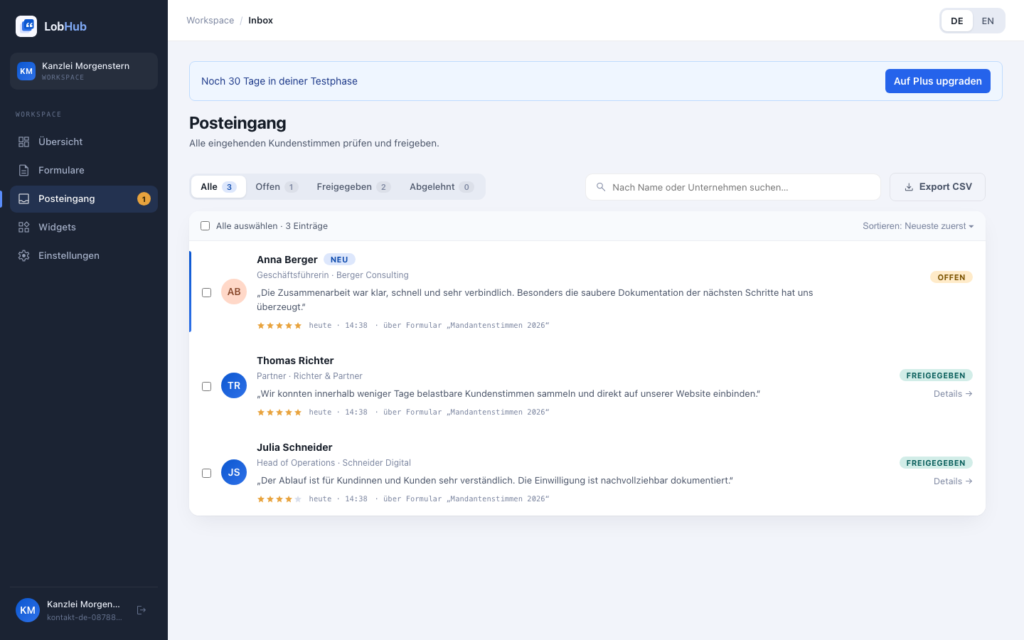 Posteingang mit Filter-Tabs, Suche und einer Liste eingereichter Kundenstimmen