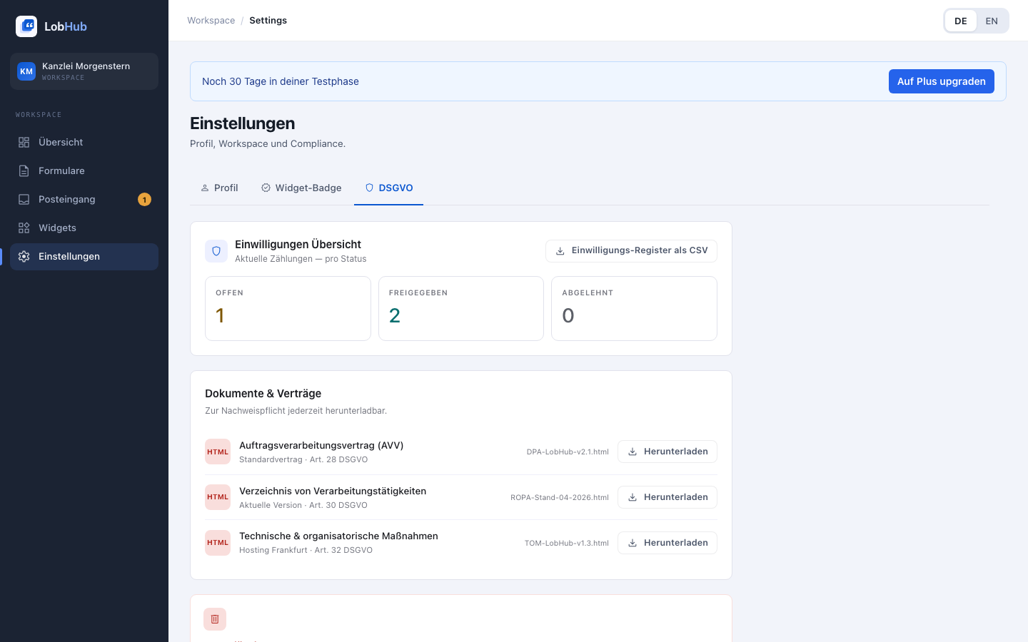 DSGVO-Tab der Einstellungen mit Einwilligungs-Übersicht, Dokumenten und Konto-Löschung
