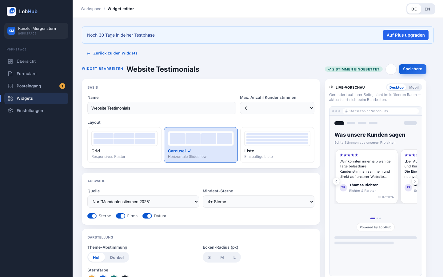 Widget-Editor mit Layout-Auswahl, Filtern, Farbschema und Live-Vorschau