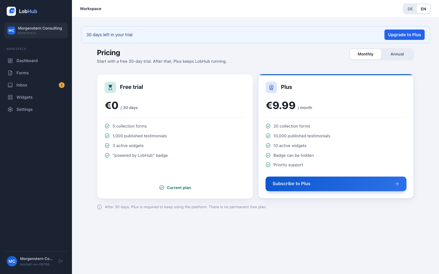 Pricing page with trial and Plus plan