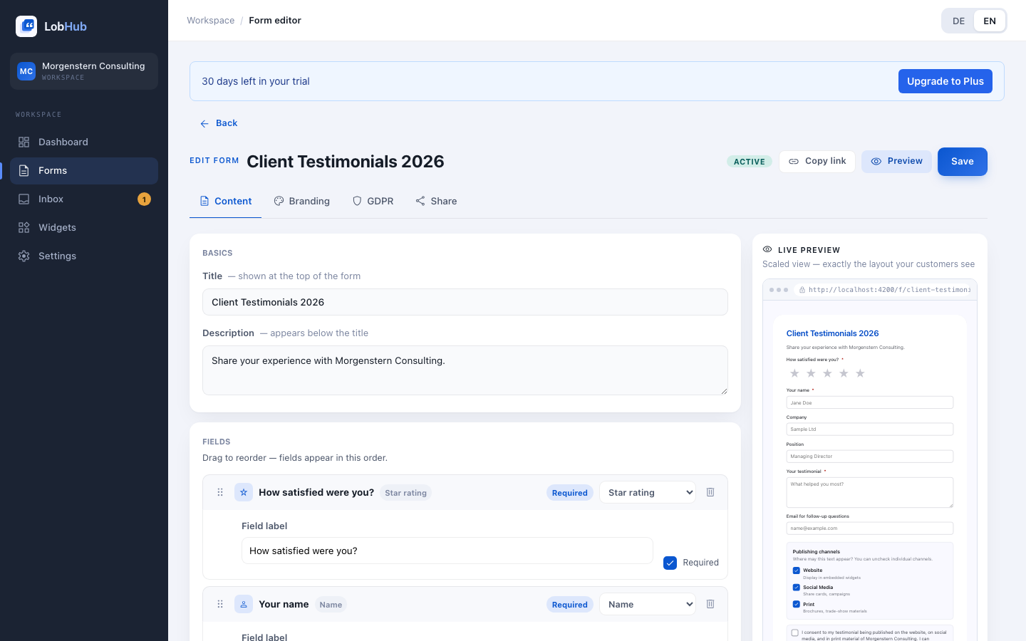 Form editor with Content, Branding, GDPR, and Share tabs