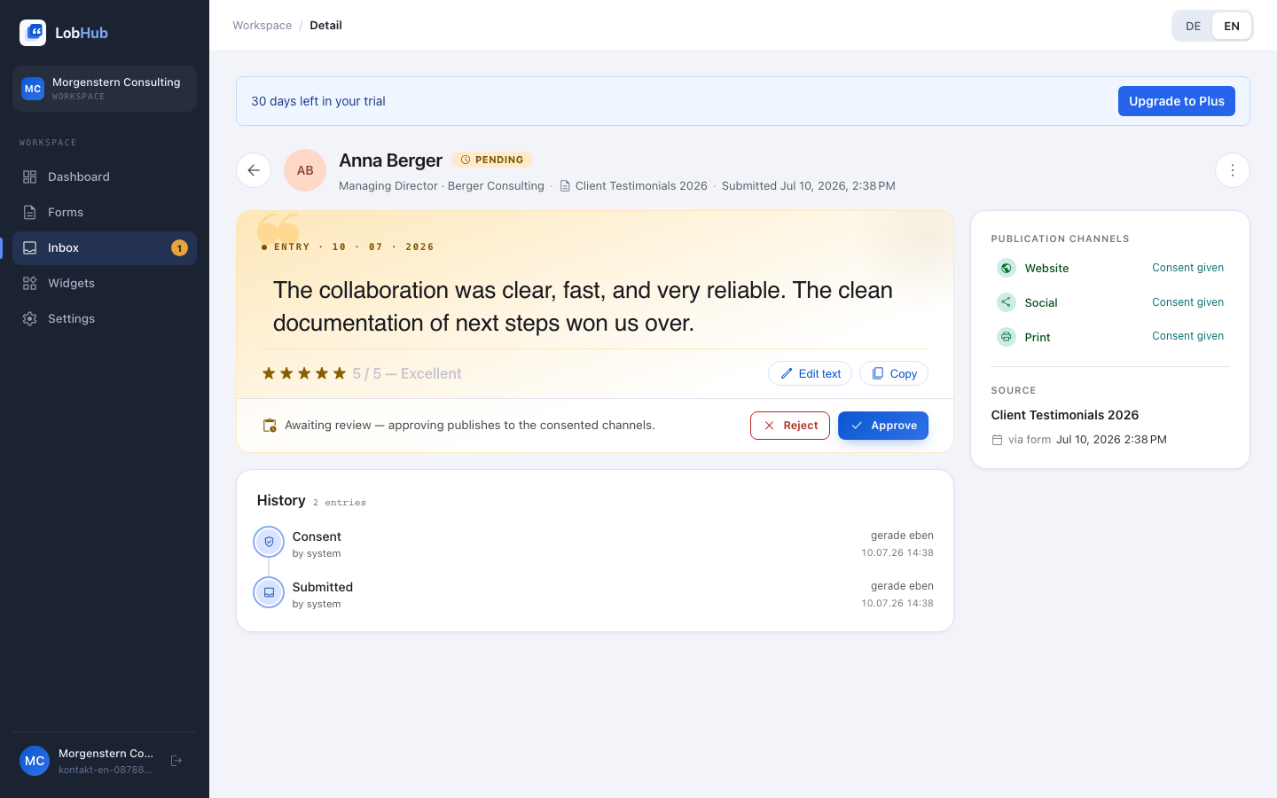 Testimonial detail view with consent channels and audit log