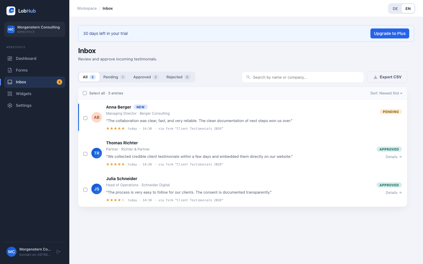 Inbox with filter tabs, search, and submitted testimonials