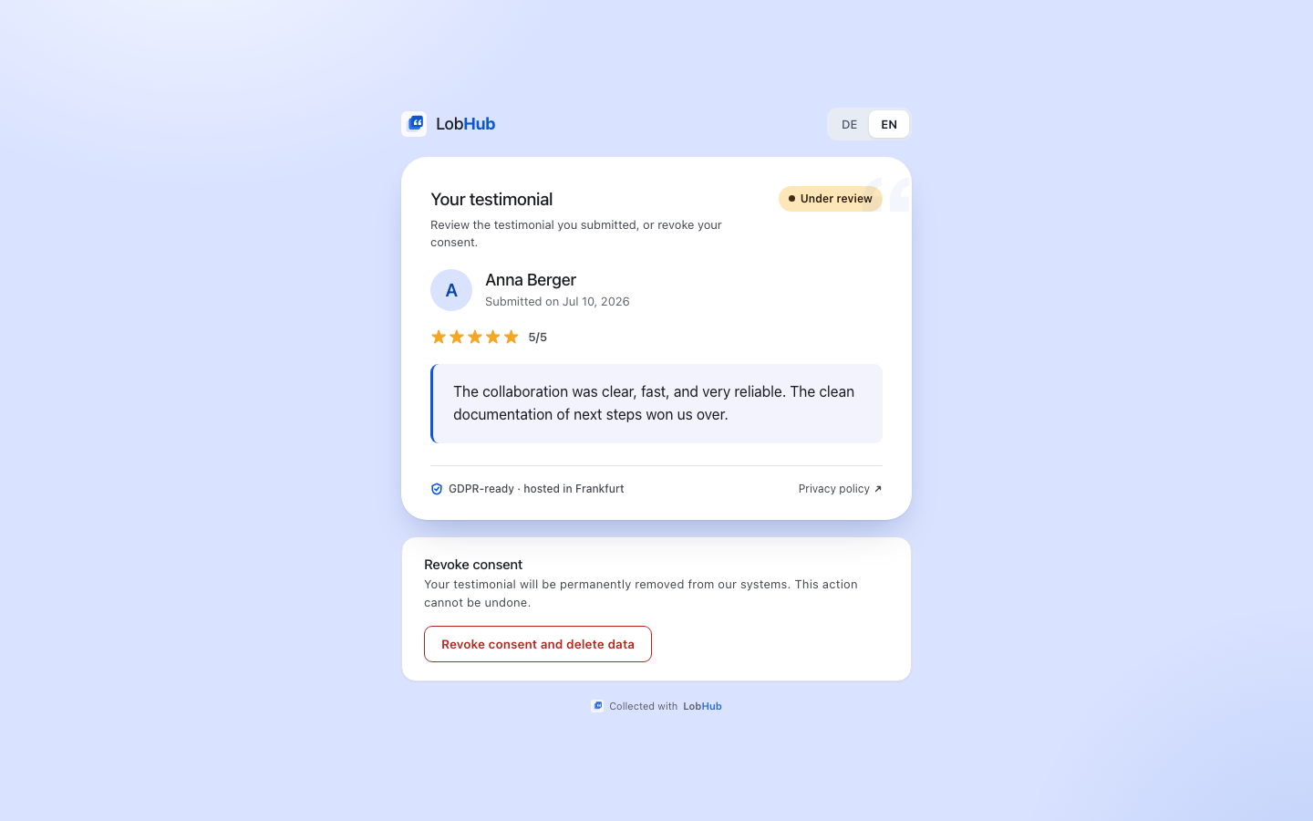 Customer testimonial management page with status and withdrawal option