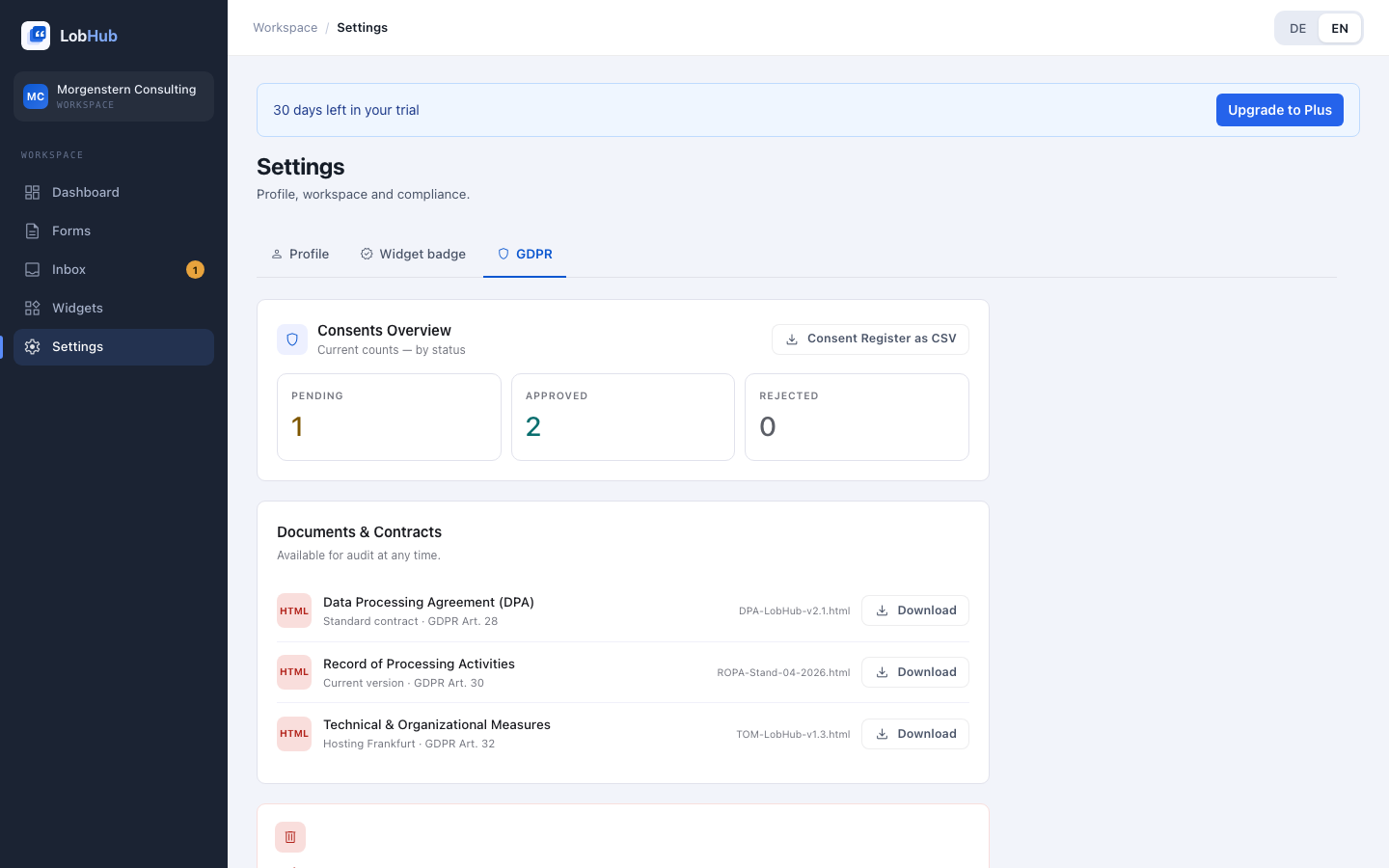 GDPR settings tab with consent overview, documents, and account deletion